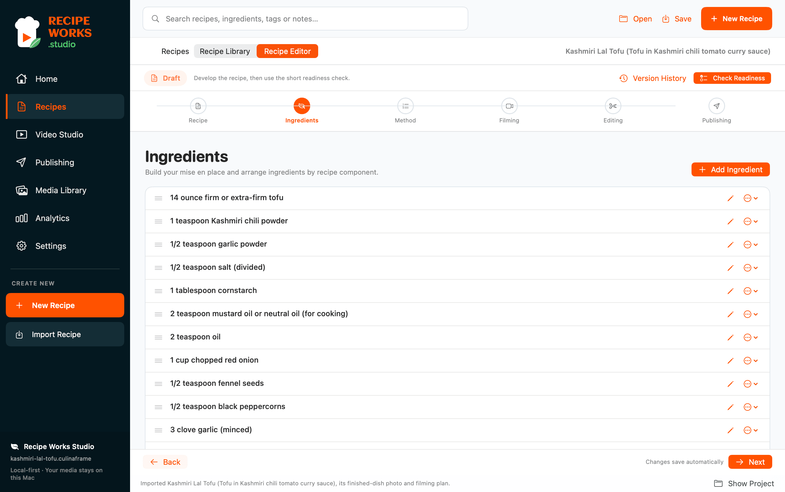 Ingredients and method, side by side in Recipe Works Studio
