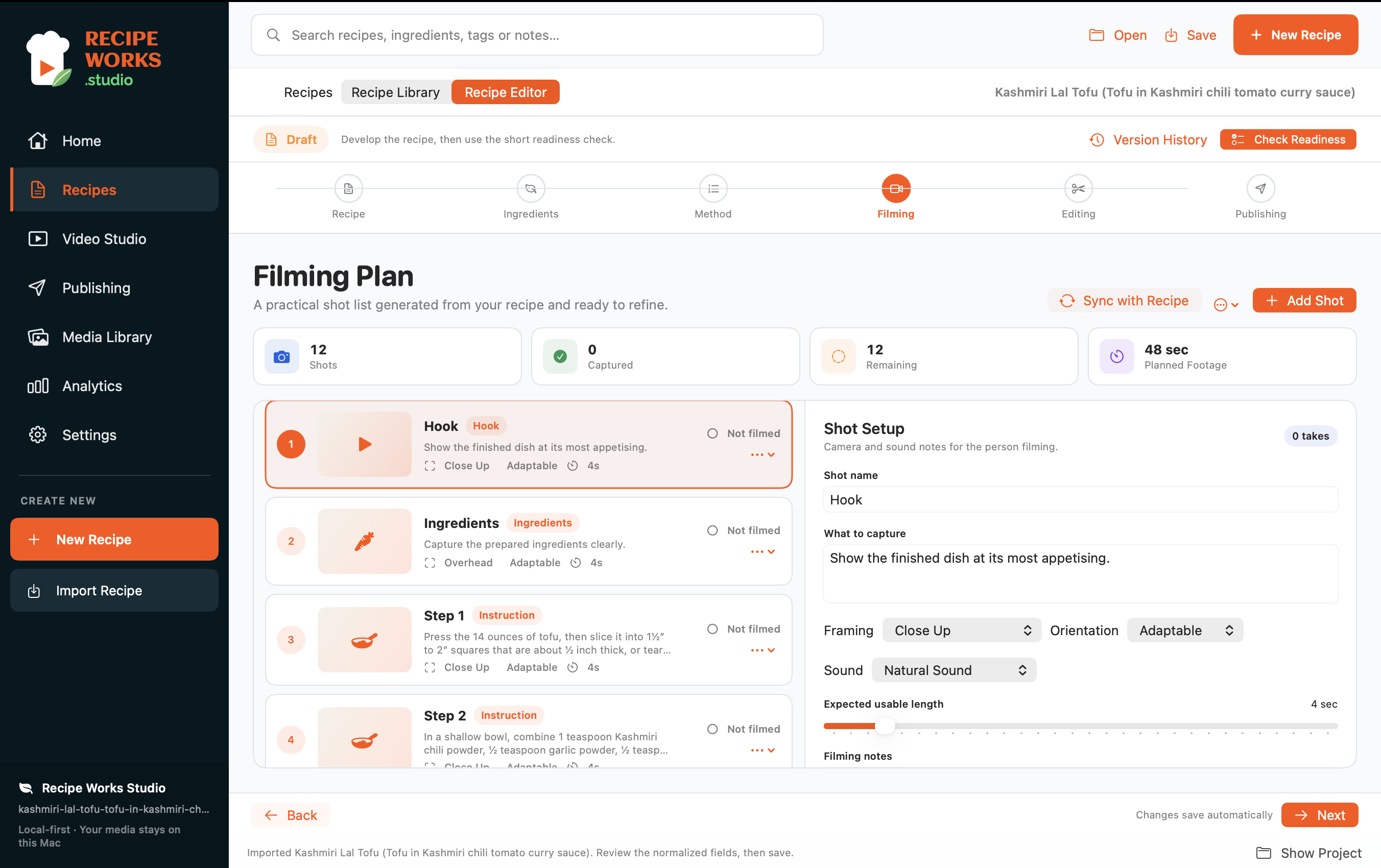 The filming plan in Recipe Works Studio